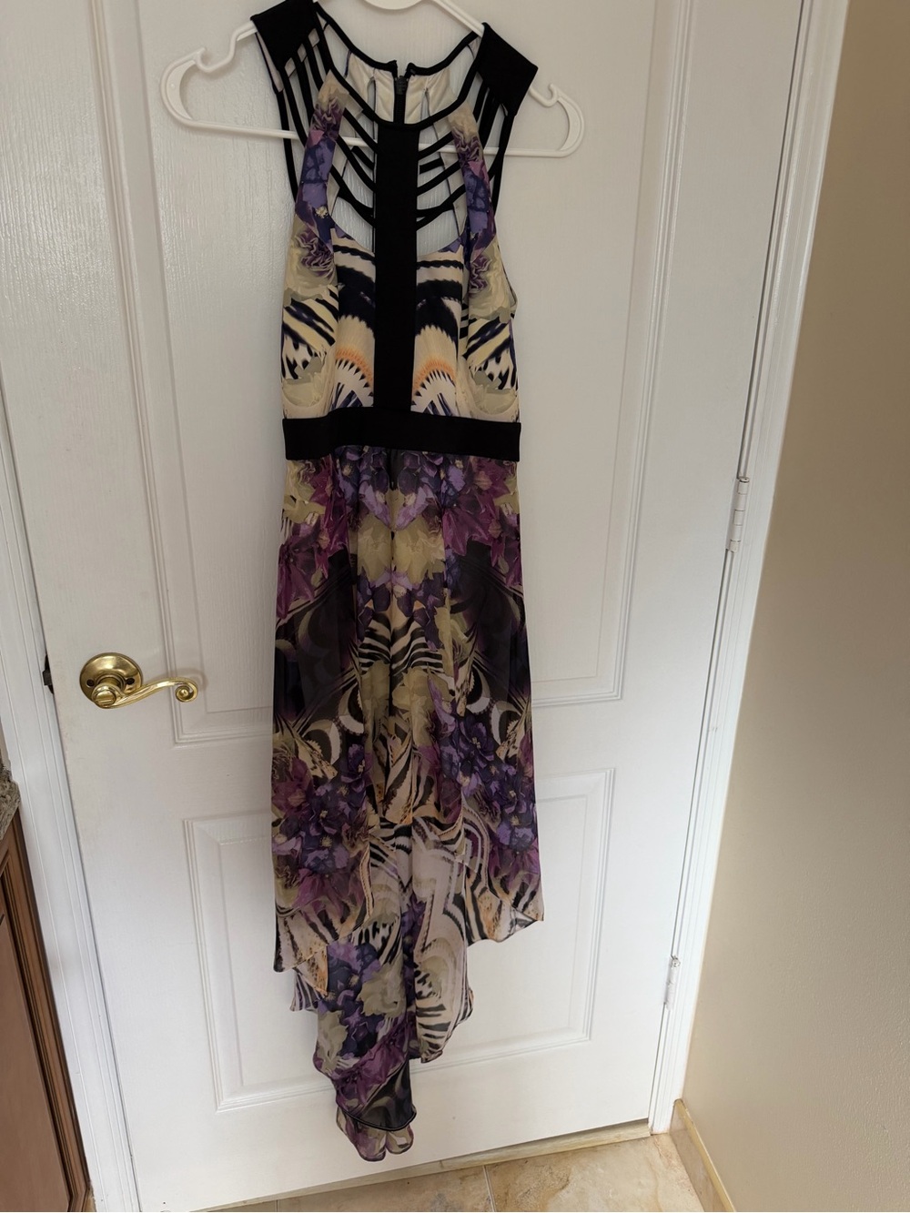 Floral Purple High-Low Maxi Dress with Strappy Black Bodice
